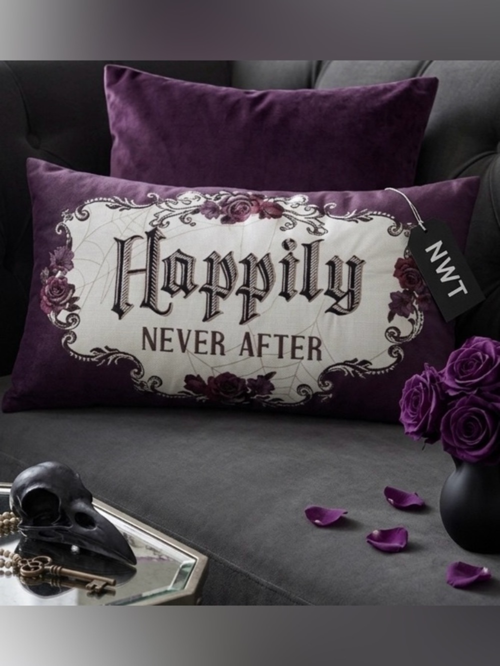 NWT Ashland Happy Never After Gothic Rose Lumbar Pillow Purple Halloween Decor